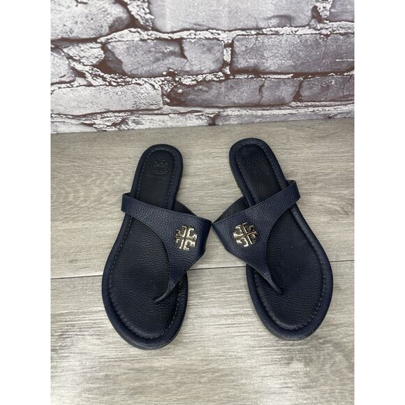 Tory Burch Jole Navy Blue Thong Tumbled Leather Sandals Women’s Sz 6.5M US/37EU - Picture 3 of 16